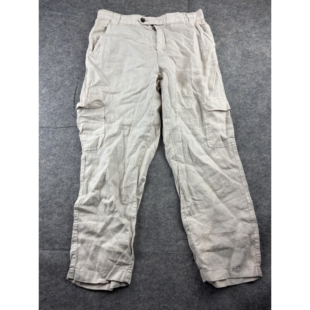Rachel Roy Cropped Cargo Linen Pants Womens L Beige Coastal Grandma Beachy Boho